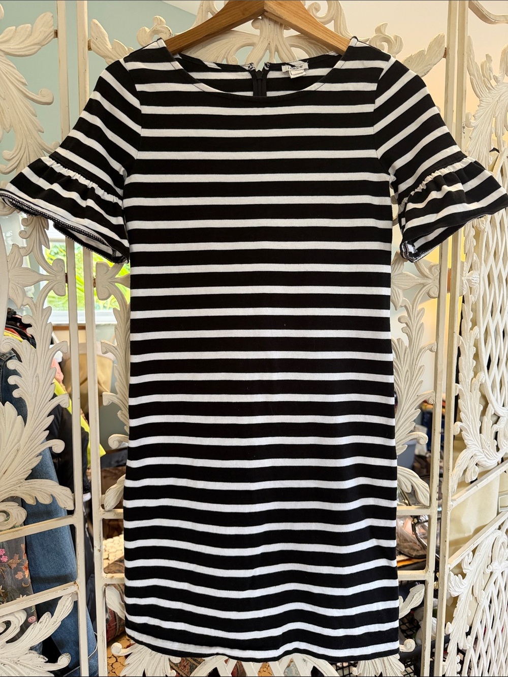 J. Crew Black & White Striped Ruffle Sleeve Mini Dress